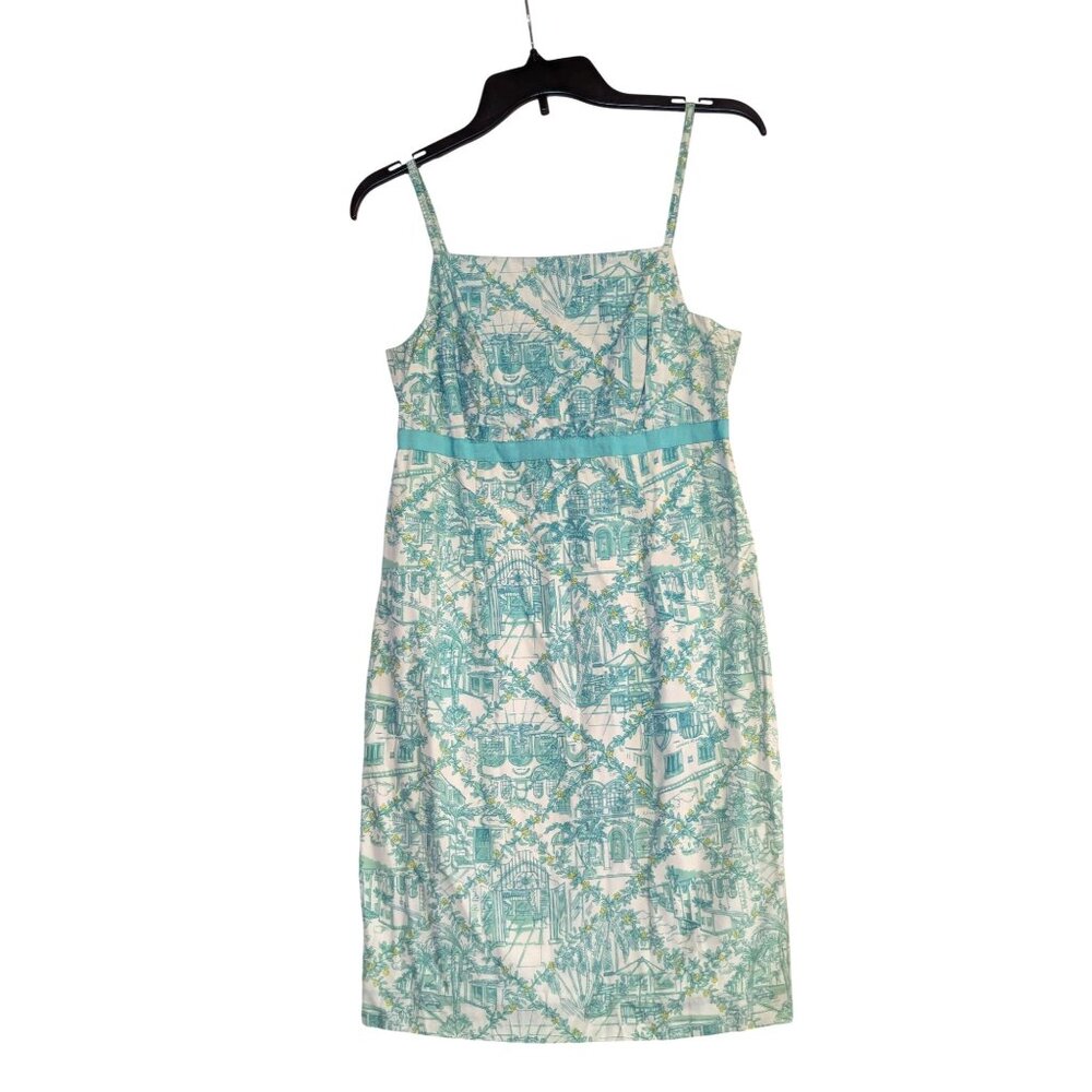 Lilly Pulitzer Blue & White Toile Print Sleeveless Dress Size 6 Cotton Blend Sum